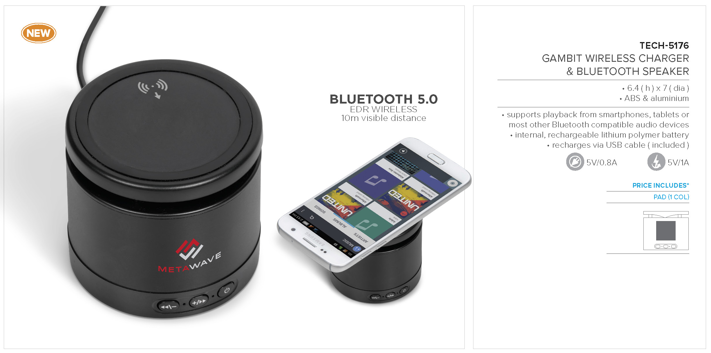 TECH-5176 - Gambit Wireless Charger & Bluetooth Speaker - Catalogue Image